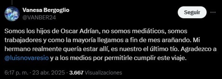 La respuesta de Vanesa Bergoglio a Nahuel Sotelo