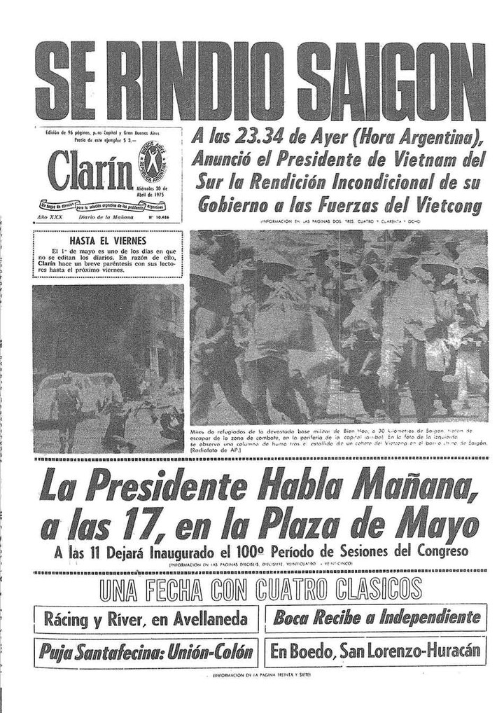 Tapa de Clarín del 30 de abril de 1975, con la caída de Saigón.