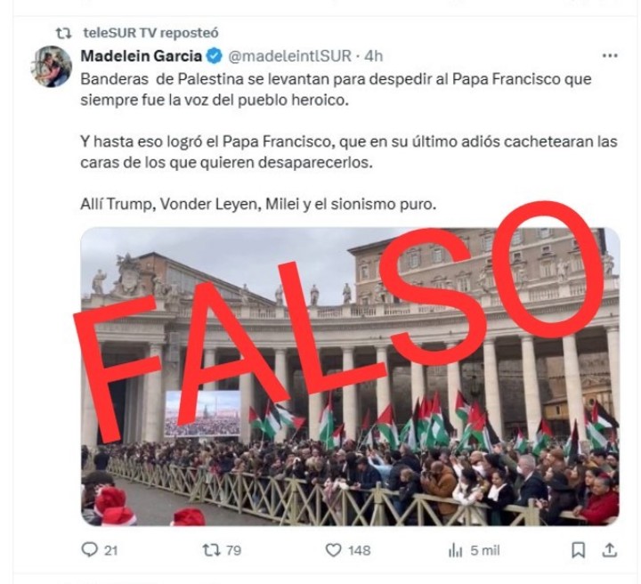 El mensaje en X de una corresponsal de TeleSUR con la noticia falsa que el canal replicó en sus redes.