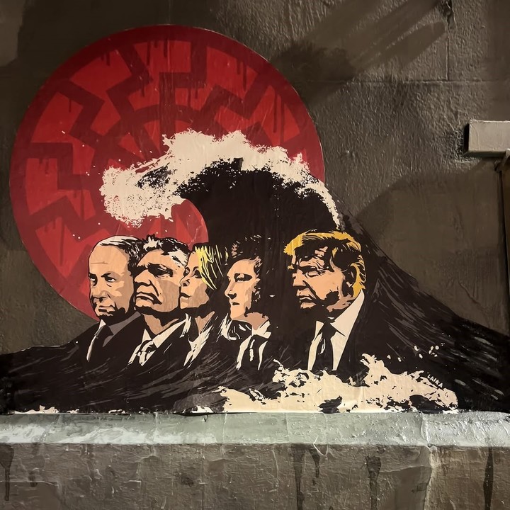 El anterior grafiti en que Laika había retratado a Milei junto con Trump y Meloni, además de Orbán y Netanyahu. Foto captura @laika1954.