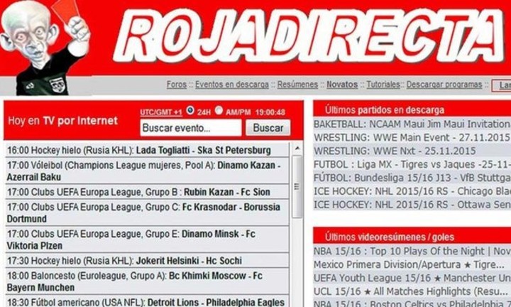 La portada de RojaDirecta, un sitio ilegal que fue bloqueado. 